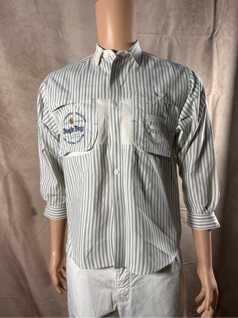 Bugle Boy White Shirt with Gray Vertical Stripes and Chest Embroidery